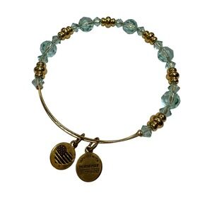 Alex and Ani Light Aqua Crystal Beaded‎ Bangle Gold Heart Flag Charm Bracelet